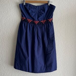 Anthropologie Floreat Strapless Navy Dress with Red Accents